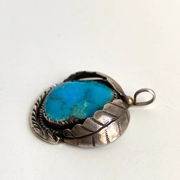 Vintage Turquoise Silver Pendant Necklace Handmade - Picture 5 of 9